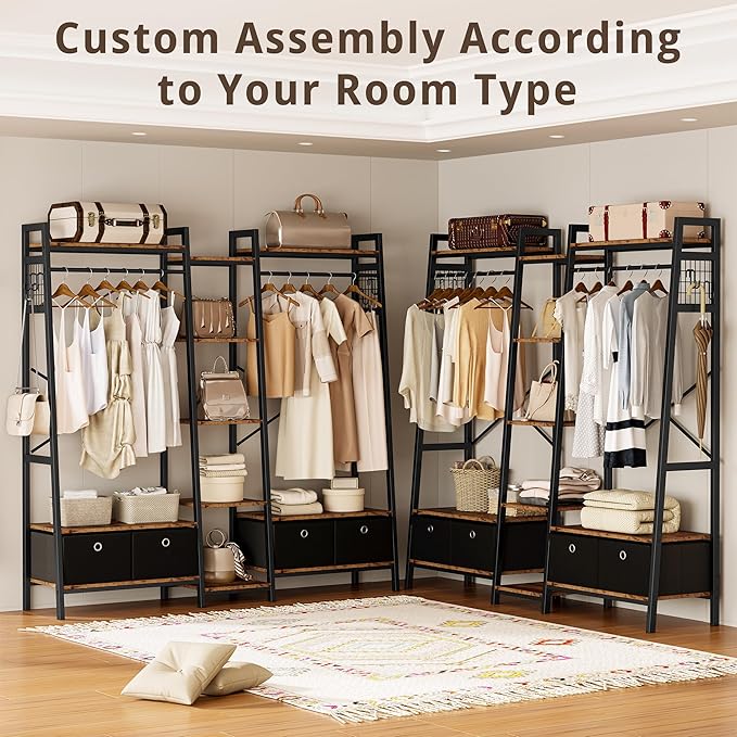 IRONCK Garment Rack and Storage Shelves, Heavy Duty Closet Rack with Hanging Rods,4 Drawers, T Shaped Coat Rack Closet Organizer, Vintage Brown