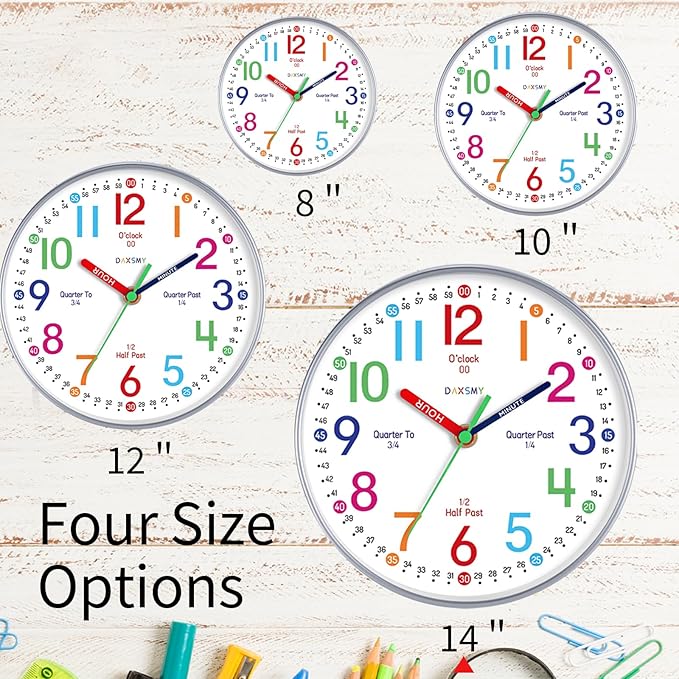 14 Inch Wall Clock for Kids Learning to Tell Time, Modern Silent Battery Operated Teaching Clock, Ideal Gift for Kids Room School