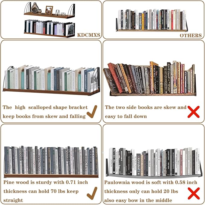 Long 36 inch Rustic Brown Floating Book Shelves for Wall - Curved Fan-Shaped Design with Built-in Anti-Slip Book Stops|0.71" Thick MDF Heavy Duty Floating Bookshelves|Wall Bookshelf for Books Set of 2