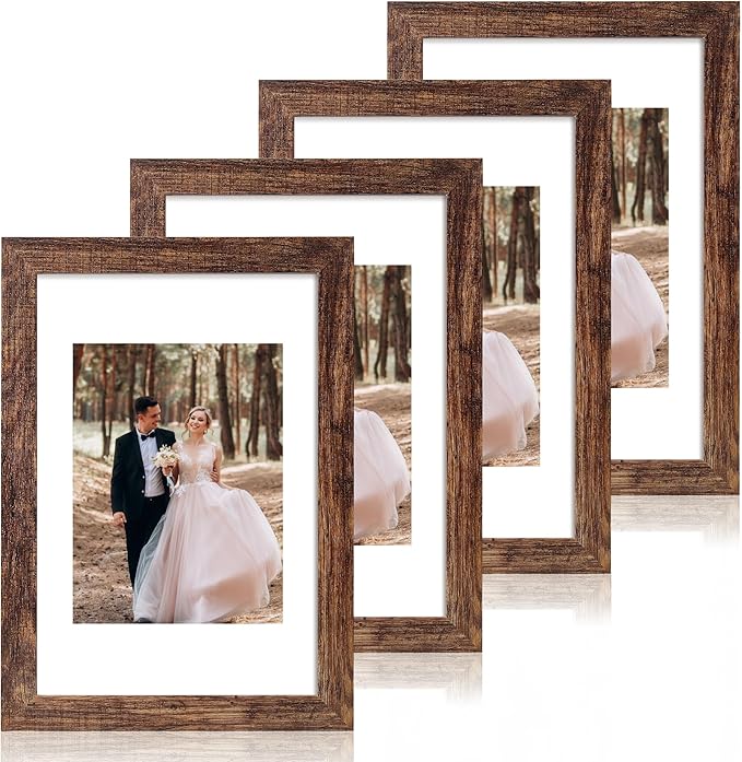 8x12 Picture Frame Set of 4 with High Definition Real Glass, Display 6x8 Pictures with Mat or 8 x 12 Without Mat, Rustic Photo Frames for Tabletop and Wall Mounting