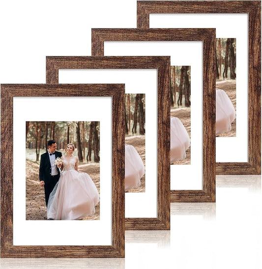 8x12 Picture Frame Set of 4 with High Definition Real Glass, Display 6x8 Pictures with Mat or 8 x 12 Without Mat, Rustic Photo Frames for Tabletop and Wall Mounting