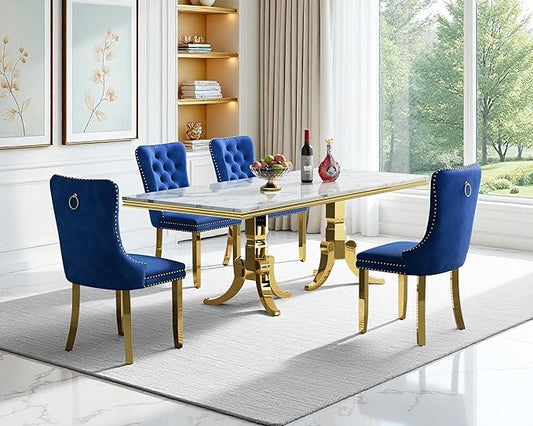 Goujxcy Faux Marble Dining Table Set for 4, Modern 5-Piece Dining Table Set with 4 Velvet Upholstered Chairs, 70" Large Long Faux Marble Kitchen Dining Room Table and Chairs with Stainless Steel Legs