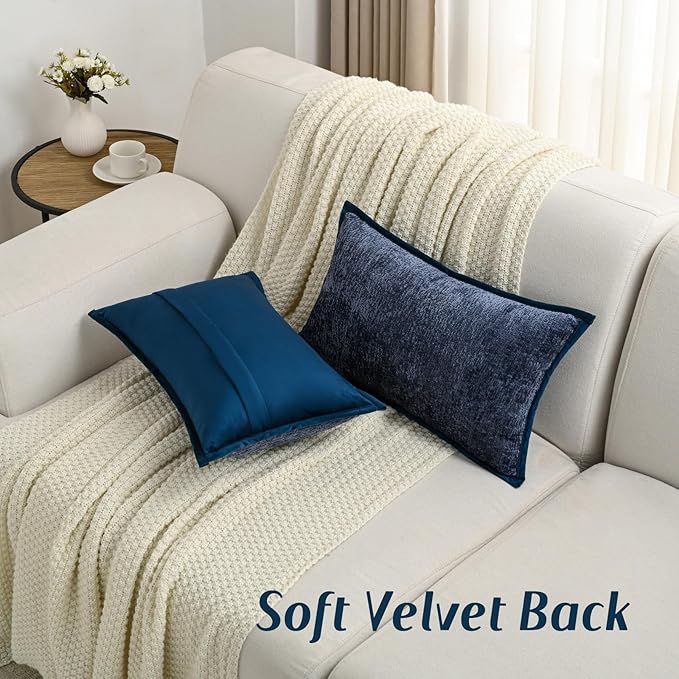 FUTEI Navy Blue Chenille Throw Pillow Covers 12x20 Inch Set of 2,Soft Cozy Bound Edge Design Lumbar Pillow Cases,Home Decor for Couch Bed Living Room