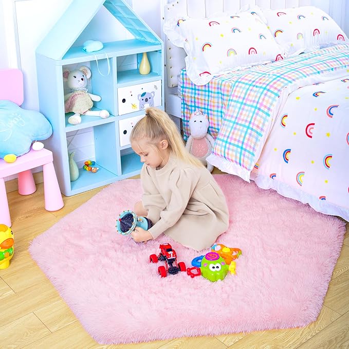 junovo Ultra Soft Rug for Nursery Children Room Baby Room Home Decor Dormitory Hexagon Carpet for Playhouse Princess Tent Kids Play Castle, Diameter 4.6 ft, Pink
