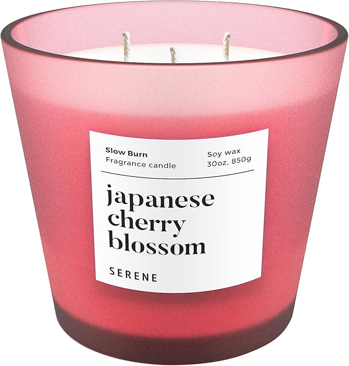 Hidden Label Large Scented Candle, Japanese Cherry Blossom, 30oz 3 Wick Huge Candle, Serene Collection Slow Burn Natural Soy Candles for Home Scented