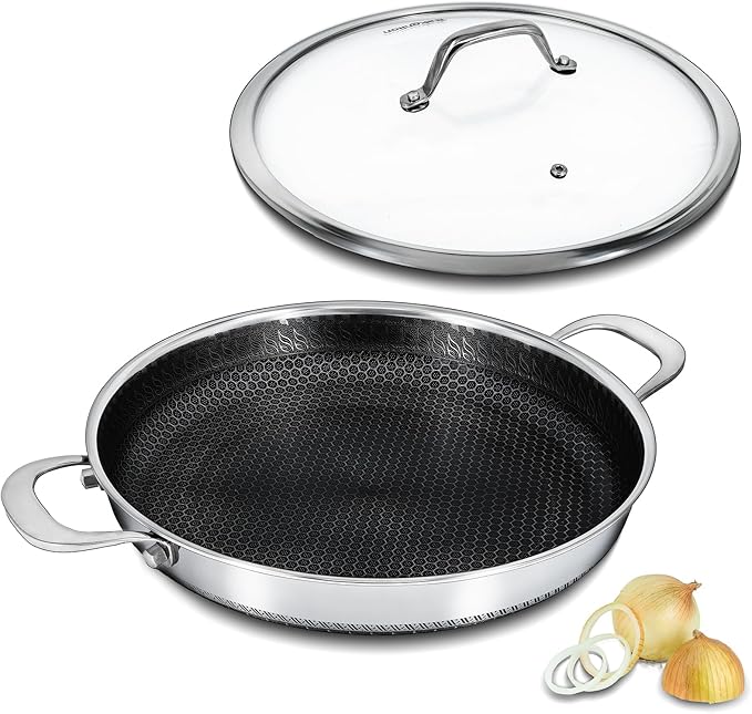 Hybrid Nonstick Skillet with Lid 13 Inch, Stainless Steel Paella Pan with Two Handles Multi-Functional Pan Dishwasher and Oven Safe