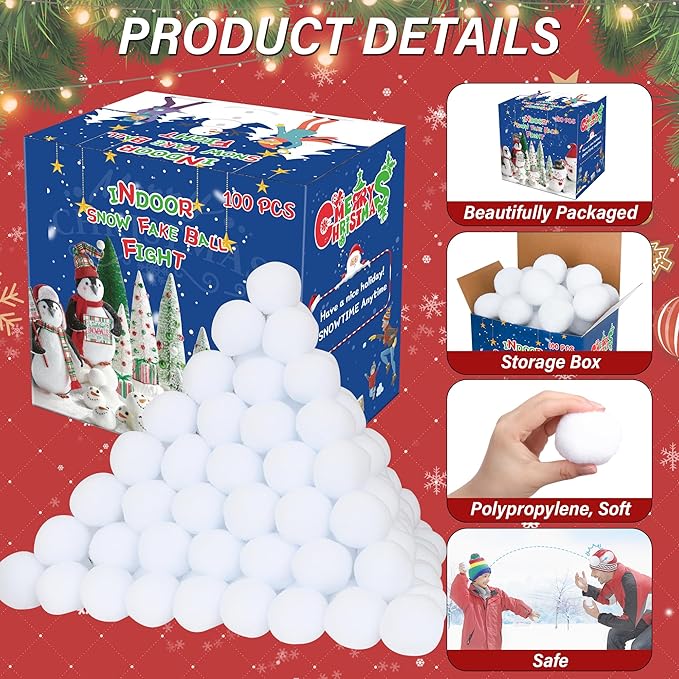 100 Pack Snow Fake Balls, Soft Artificial Snow Toy Balls, Indoor Snow Fight Ball Set for Multiplayer Outdoor Parent-Child Throwing Game Winter Home Christmas Decorations DIY Party Gift
