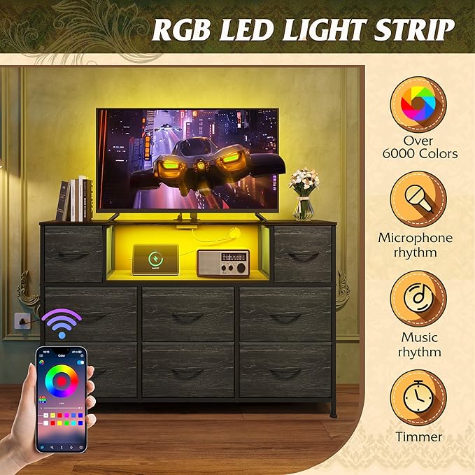 WLIVE Black TV Stand for 45, 50, 55 inch TV, Entertainment Center with LED Lights & Charging Station, TV Media Console Table with 8 Fabric Drawers and Open Shelves for Living Room, Hallway, Wood Top