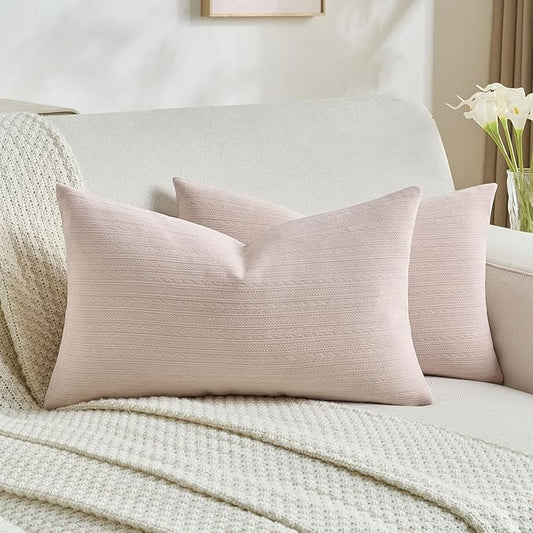FUTEI Pink Decorative Throw Pillow Covers 12x20 Inch Set of 2,Soft Cozy Wheat Ear Striped Patterns Lumbar Pillow Cases,Modern Home Decor for Couch Bed Living Room
