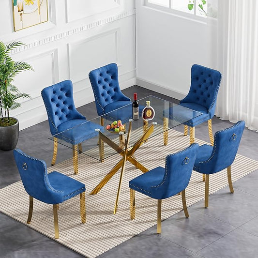 Goujxcy Glass Dining Table Set for 6, Modern Kitchen Table and Chairs Set of 6, 7-Piece Kitchen Dining Room Table Set w/61 Glass Gold Dining Table and 6 Blue Velvet Upholstered Chairs