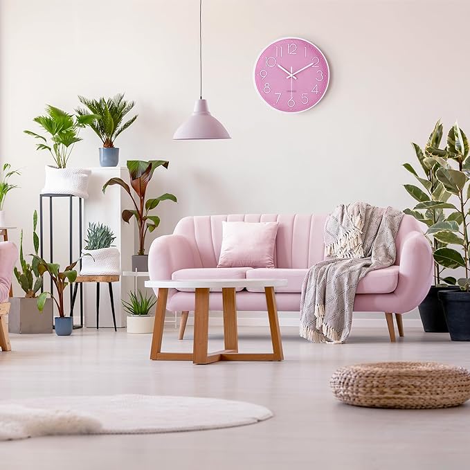 Lafocuse 12 Inch Pink Wall Clock Battery Operated for Kitchen Living Room, Silent Kids Analog Clock for Girls Bedroom, Pink Home Décor
