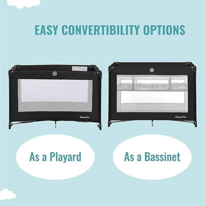 Dream On Me Zazzy Portable Playard with Bassinet in Black, Lightweight Packable and Easy Setup Baby Playard with Mattress and Travel Bag