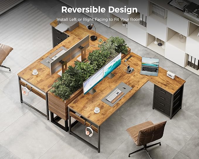 AODK L Shaped Desk with 4 Tier Drawers, 61" Reversible Gaming Desk with Power Outlets, L Shaped Computer Table with USB Charging Port and Host Stand, Home Office Table, Easy to Assemble, Vintage