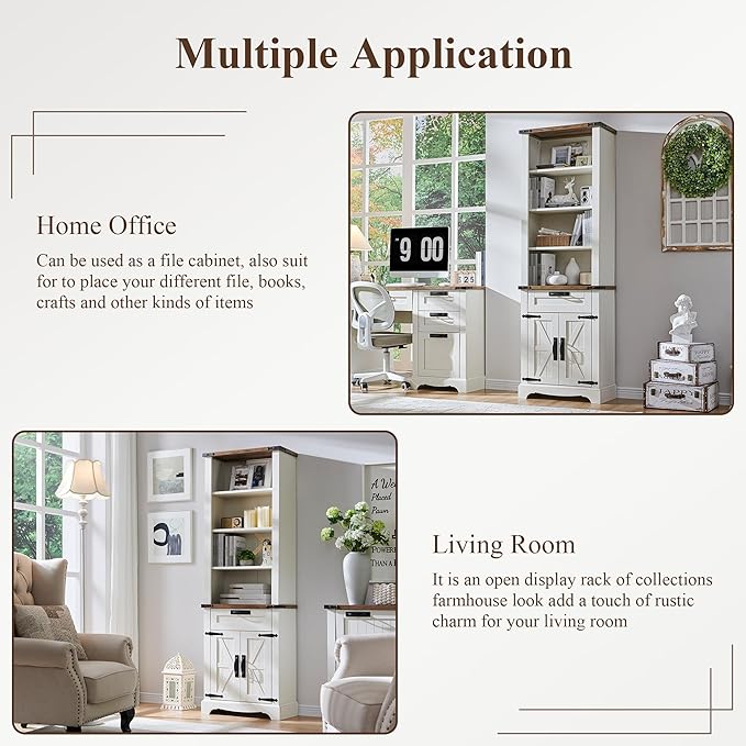 RedLemon Bookshelf with Storage Cabinet, 72" Tall Farmhouse Bookcase with Adjustable Shelves and Barn Door, 4 Tier Office Wood Bookshelf with Drawer for Office Library Living Room (Antuique White)