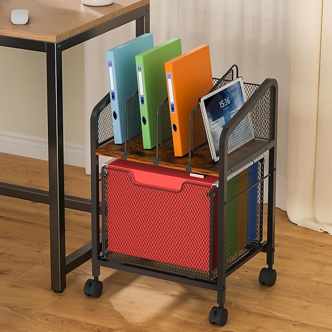 Rolling File Cabinet with Adjustable Dividers, Mobile Filing Cabinet with Storage Drawer on Lockable Wheels, Hanging File Organizer Beside Under Desk for Office, Home（Patent Pending）