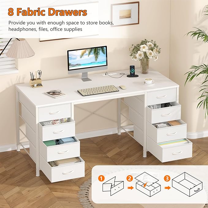 50 Inch White Computer Desk with 8 Drawers, Home Office Desk with Power Outlets, Work Study Gaming Desk with 8 Fabric Drawers, White