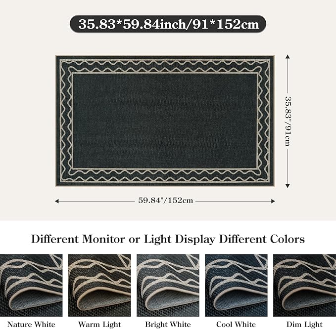 OJIA Easy Jute Front Door Mats Outdoor Rug 3x5 Washable Rugs for Entryway, Wavy Border Black Indoor Outdoor Rugs Non-Slip Doormat Entry Rugs Farmhouse Area Rug for Porch Outside Kitchen Living Room