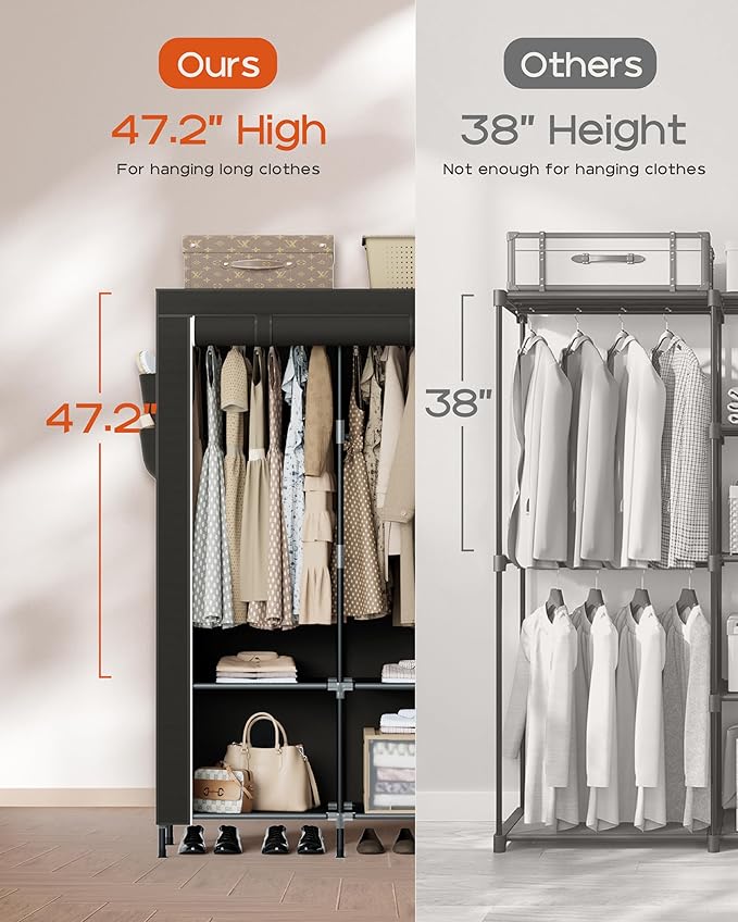 Portable Closet, 34 Inch Large Capacity Wardrobe Closet with Cover, Clothes Storage Organizer with Shelves and 2 Hanging Rods, Easy to Assembly, Black PCT202B01