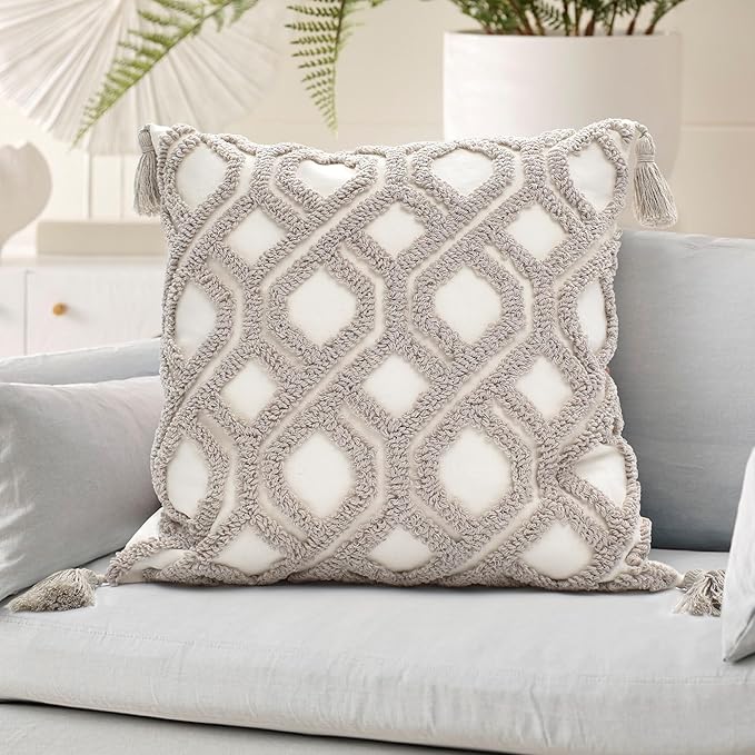 Boho Pillow Covers 18X18 Inch Boho Tufted Throw Pillow Covers Decorative Tassels Cushion Cover Farmhouse Pillow Case for Couch Sofa Bed Living Room Bedroom, Taupe