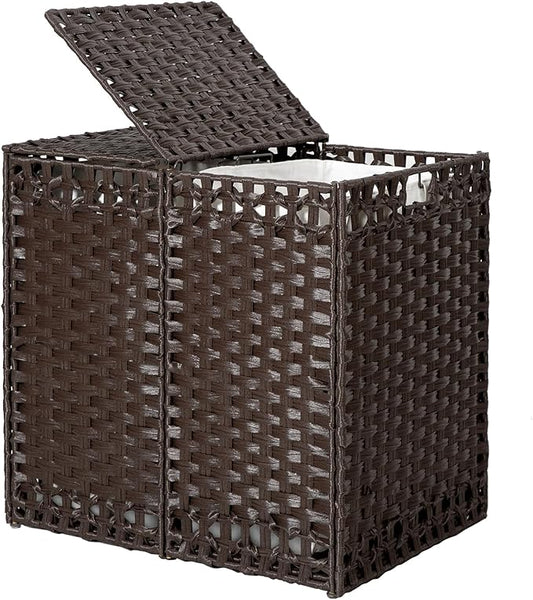 170L Foldable Laundry Hamper with Lid - Handwoven Rattan Storage Basket, 2-Section Clothes Hamper w/2 Removable Liner Bags, Easy Assembly, Portable for Bedroom Bathroom Dorm,Brown