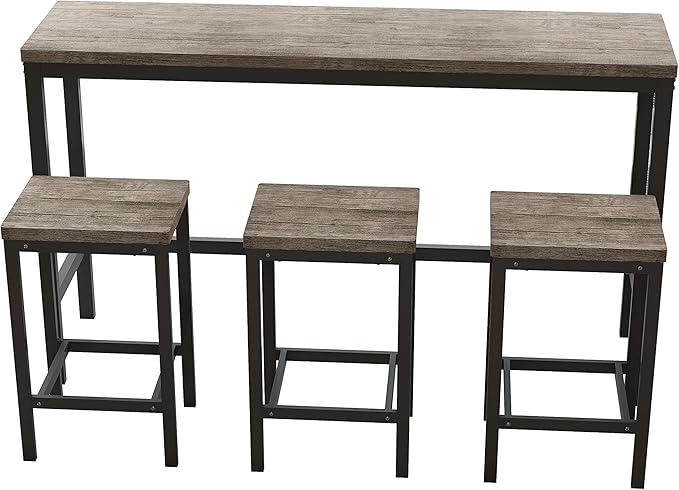 Harper & Bright Designs 4-Piece Dining Table Set, 60.2" L Solid Wood Dining Table with 3 Stools and Metal Frame for Kitchen Dining Room, Grey Brown