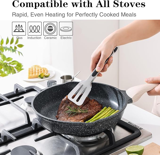 Frying Pans Nonstick with Lid, 12.5 Inch Large Skillet with Lid, Induction Cooking Pan, Stay-Cool Handle, Compatible with All Stovetops, PFOA Free