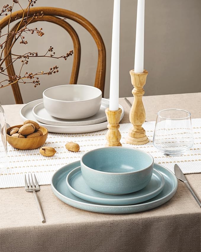 Famiware Milkyway Plates and Bowls Sets, 12 Pieces Dinnerware Sets, Reactive Glaze Dish Set, Stoneware Dishes Set for 4, Matte White & Light Blue