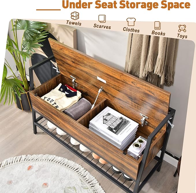 Giantex 3-in-1 Shoe Storage Bench, Rustic Brown, Metal Frame, 440 lbs Capacity, Anti-Toppling Devices, 3 Functional Areas