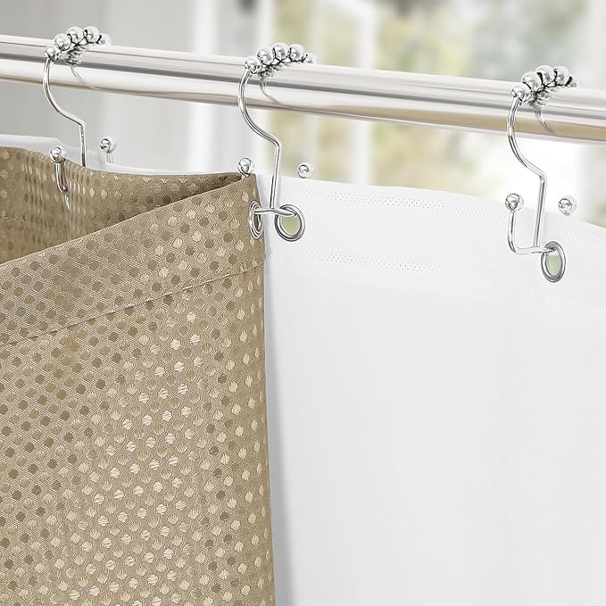 3 in 1 Extra Long Beige Shower Curtain Set-72 W x 84 H, Tan Waffle and PEVA Liner Set with 12 Stainless Steel Hooks, Waterproof Fabric for Bathroom