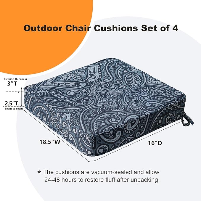 Square Corner Seat Cushions, 18.5" x 16" x 3", Set of 4, Indoor Outdoor Water Repellent Universal Chair Pads with Ties for Patio Furniture, Garden Deck Dining Chairs, Damask Blue Flower