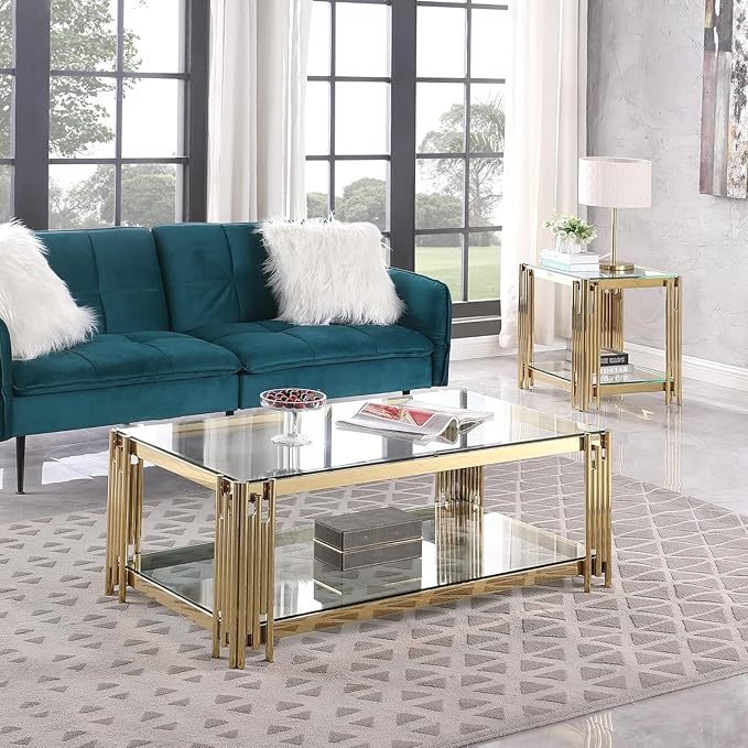 48" Rectangular Glass Coffee Table, Luxury 2-Tier Center Table with Storage & Gold Stainless Steel Frame, Modern Clear Glass Accent Coffee Cocktail Table for Living Room