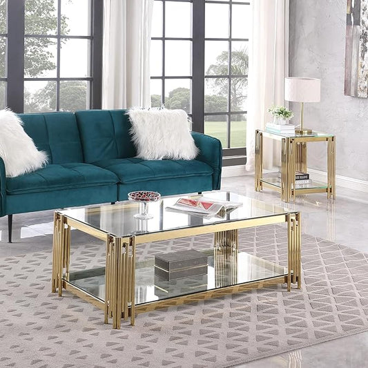 48" Rectangular Glass Coffee Table, Luxury 2-Tier Center Table with Storage & Gold Stainless Steel Frame, Modern Clear Glass Accent Coffee Cocktail Table for Living Room