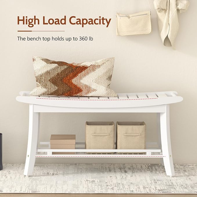 Bamboo Entryway Storage Bench with Shelves Shoe Rack Bench Seat Organizer for Porch Bedroom Bathroom Balcony 39 x 13 x 19.2 Inches White