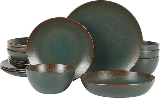 Bloomhouse - Oprah's Favorite Things - Palermo Sun Double Bowl Stoneware Reactive Glaze Plates and Bowls Dinnerware Set - Agave Blue, Service for Four (16pcs)