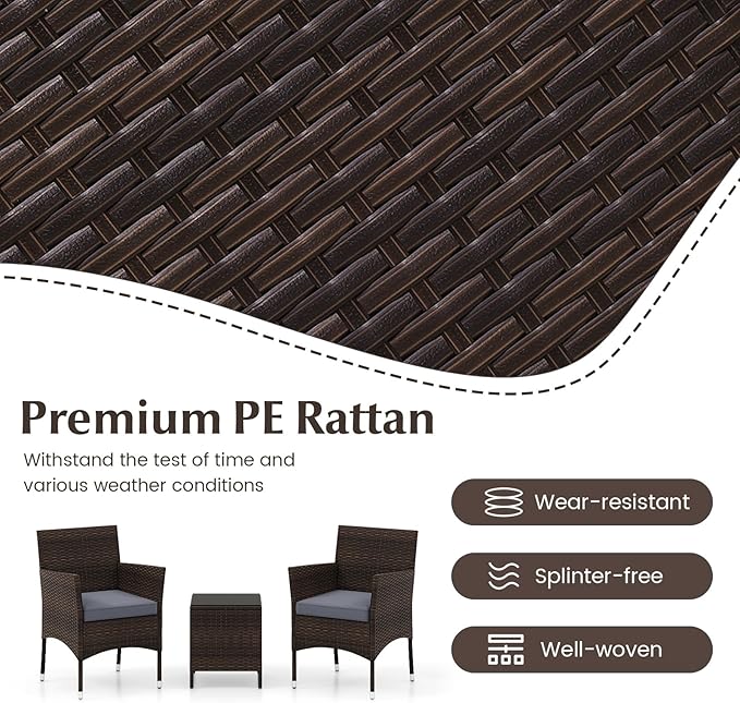 Tangkula 3 Pieces Patio Rattan Furniture Set, Outdoor Conversation Set with PE Wicker Armchairs, Tempered Glass Top Coffee Table, Soft Removable Cushions, for Porch Garden Yard Balcony (Grey)