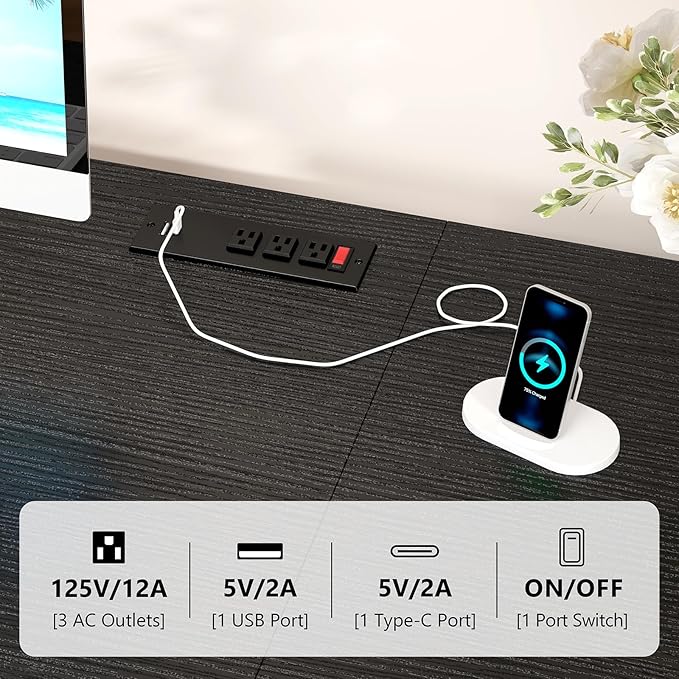 60 Inch Computer Desk with 8 Drawers, Home Office Desk with Power Outlets, Work Study Gaming Desk with 8 Fabric Drawers, Black