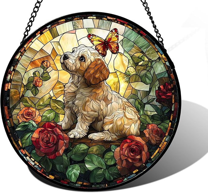 Stained Glass Window Hanging, Cute Dog and Flowers Suncatcher for Doors Home Butterfly Sun Catchers Decoration and Christmas, Mother's Day Birthday Gifts for Women, Men, and Mom 11.8x11.8 in