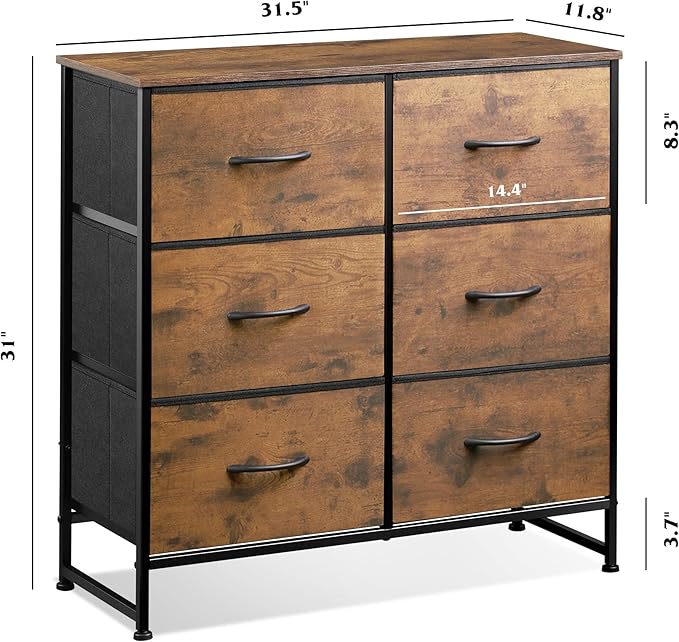 WLIVE 6 Drawer Dresser for Bedroom, Fabric Double Dresser, Storage Tower with Fabric Bins, Chest of Drawers for Closet, Living Room, Hallway, Rustic Brown Wood Grain Print