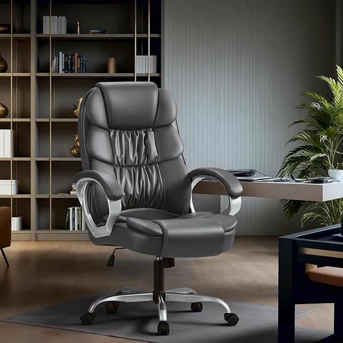Homall Office Chair High Back Computer Chair Desk Chair, PU Leather Adjustable Height Modern Executive Swivel Task Chair with Padded Armrests and Lumbar Support (Gray)