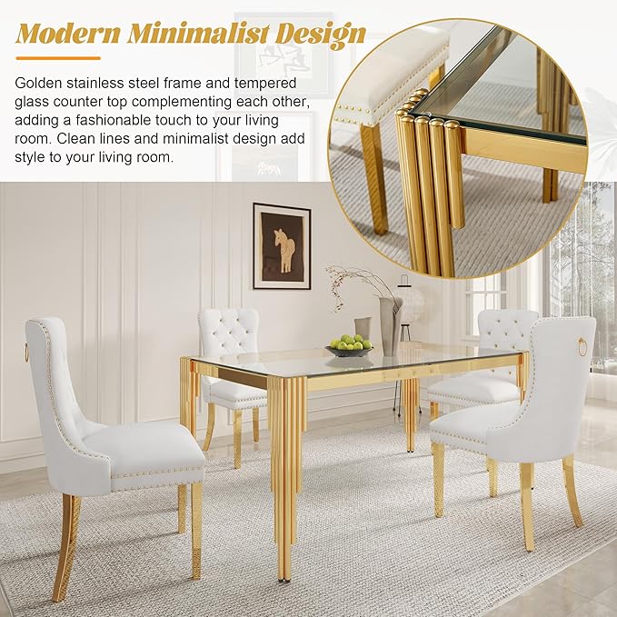 63" Rectangle Glass Dining Table, Modern Tempered Glass Kitchen Table with Stainless Steel Legs for Home Office Kitchen, Living Room, Stylish Tubular-Shaped Legs, Gold+Clear