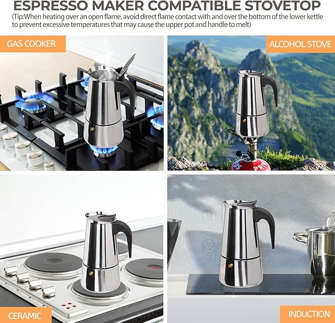 4 Cup 200ml Moka Pot Stainless Steel Espresso Coffee Maker Stovetop Percolator Coffeemaker Italian Classic Style Brewing Greca Cafe Mocha Machine for Cafeteras Lover Camping Travel and Home Use 6.6oz