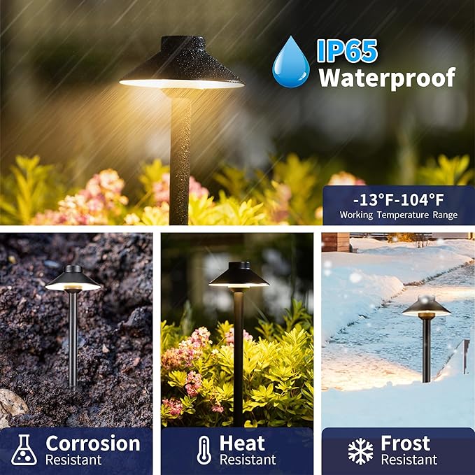 Solid Cast Brass Pathway Lights, 12v Landscape Path Light Outdoor Waterproof, Electric Walkway Lights Wired, Hat Shape Black Garden Area with 3W 270LM 5000K Daylight G4 Bulb (6 Pack)
