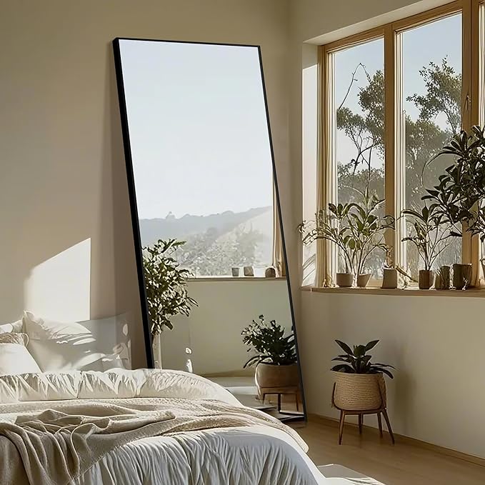 Delma Full Length Standing Mirror,Large Floor Mirror with Aluminum Frame for Bedroom, Bathroom, Living Room,Wall Mount or Freestanding Design(with Stand,Rect 75x35-Black)