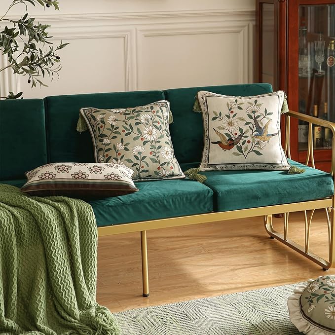 Design Square Green Floral Linen Throw Pillow Covers 18"x18" Pack of 2, White Simple Elegant Daisy Pattern Cushion Covers Decor Pillowcases for Bed,Living Room,Outdoor,Car