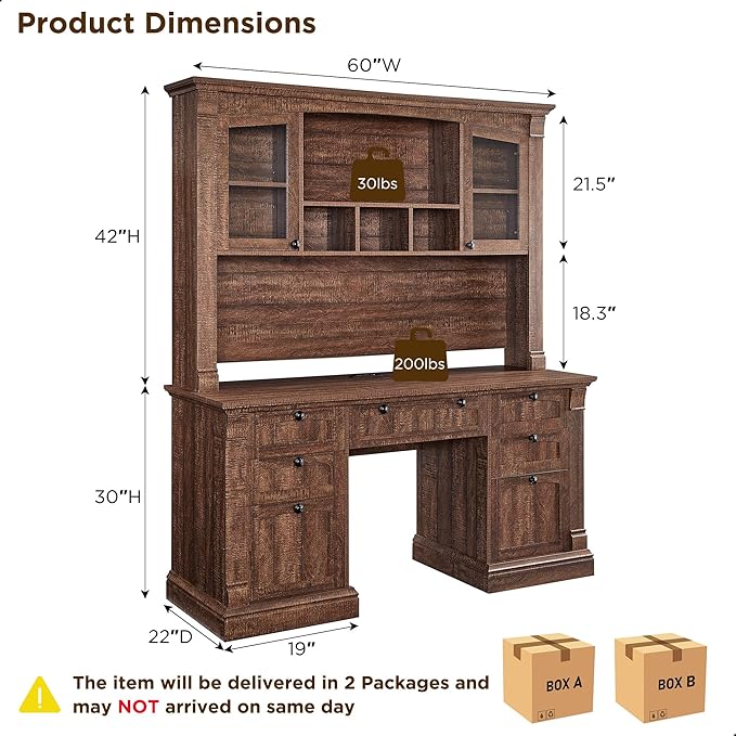 OKD 60" Executive Desk with Hutch and Drawers, Farmhouse Home Office Desk with Charging Station, Keyboard Tray, File Cabinet Storage, Wood Computer Desk for Work and Study, Reclaimed Barnwood