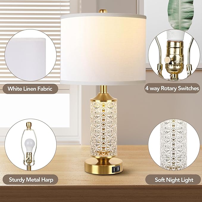 QiMH Set of 2 Table Lamps with USB Ports, Modern Bedside Lamp with LED Night Light for Bedroom, Nightstand Lamps for Living Room Office (Gold)(2 Bulbs Include)