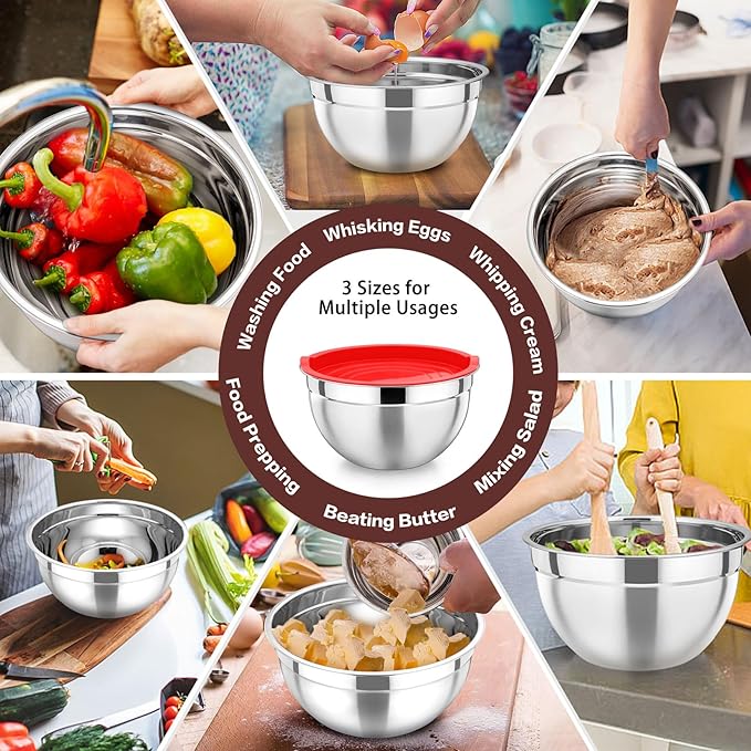 P&P CHEF Red Mixing Bowls with Lids, Set of 3, Stainless Steel Salad Nesting Bowl for Mixing, Storing, Prepping, Airtight & Stackable, Size 4.6/3 /1.5 QT
