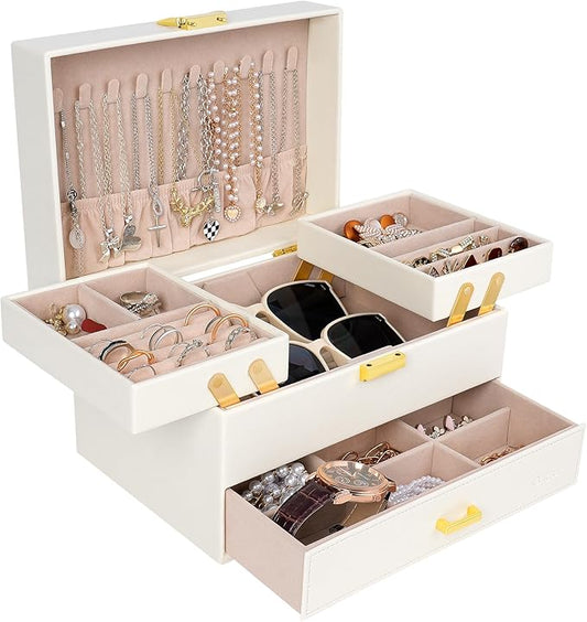 Dajasan Jewelry Box for Women, 3 Layers Large Jewelry Organizer Box, Jewelry Storage Case for Earring, Ring, Necklace, Bracelets (Cloud White + Gold)