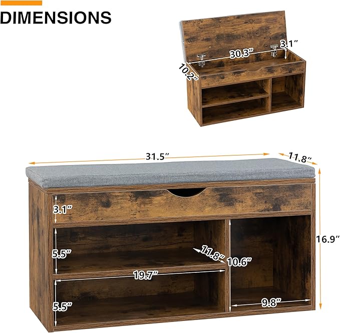 WellFurGeer Shoe Bench with Storage, Entryway Bench with Shoe Storage, Shoe Rack with Bench, Shoe Storage Bench with Padded Cushion, Brown + Gray