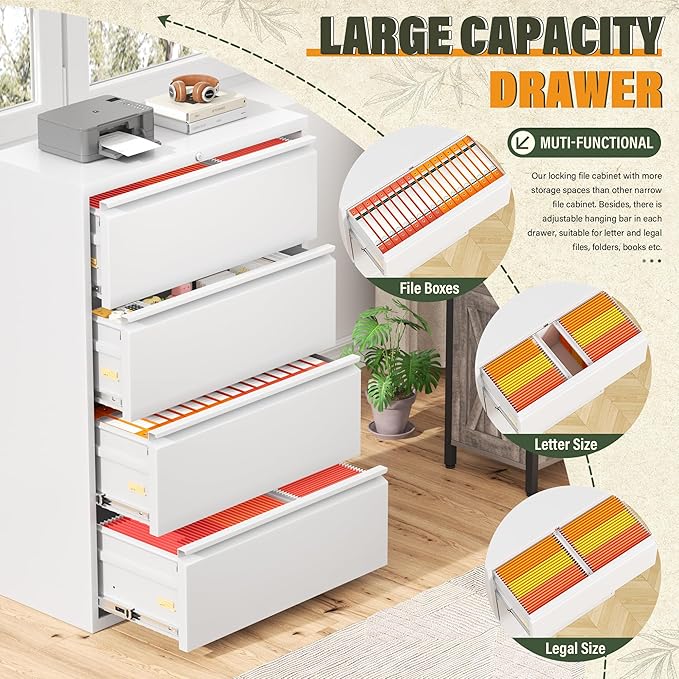 Greenvelly 4 Drawer Lateral File Cabinet with Lock, White Metal Filing Cabinet for Home Office, Locking Metal File Cabinet for Legal/Letter/A4/F4 Size with Hanging Bars&Key